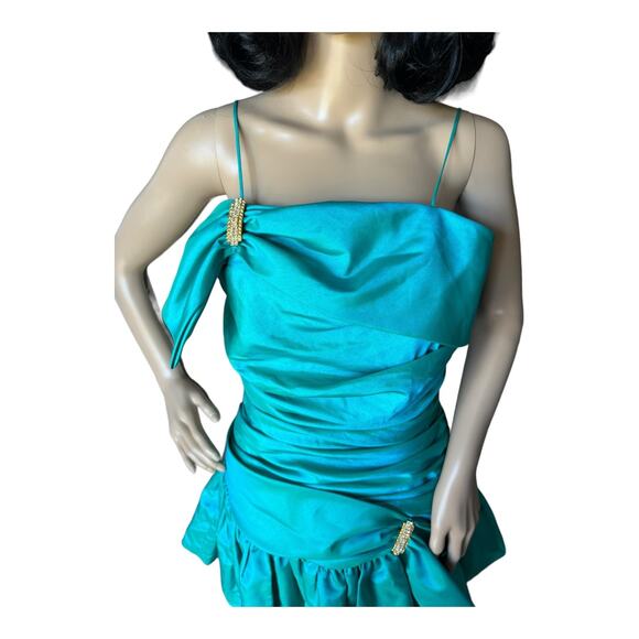1980s Darcy Teal Iridescent Ruffled Prom Dress – Gold Accents, ILGWU small - Picture 6 of 14
